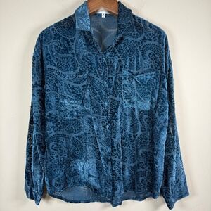 Sage + Fig Turquoise Paisley Velvet Burnout Button Down Blouse Size Medium